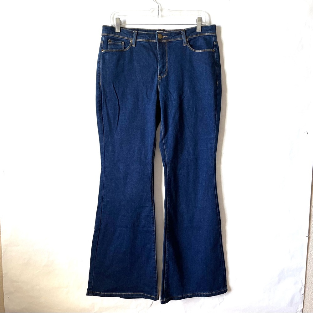 Modcloth Jeans Womens L Mid Rise Flare Dark Wash Stretch Denim Casual 70s Hippie